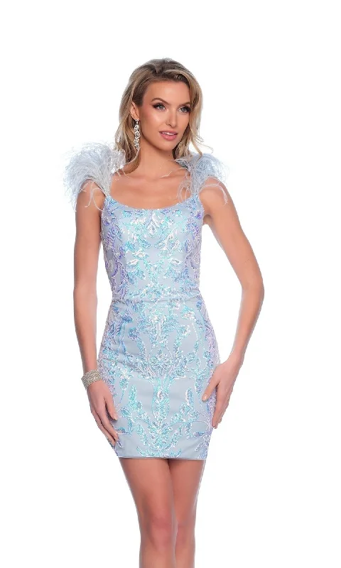 Feather Short Blue Hoco Dress: Dave & Johnny 11974 Square Neckline Feminine