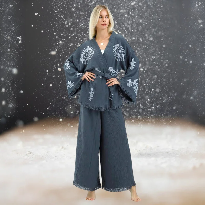 Evil Eye Natural Cotton Kimono Jacket Pants Set Oversized Jacket Tailored Jacket Straight Jacket