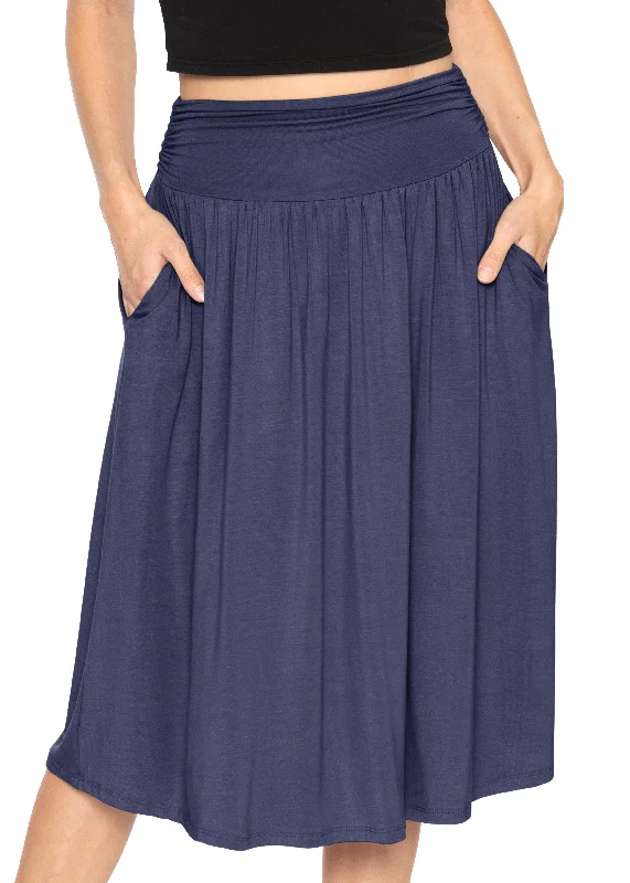 Casual Ruched Below Knee Length Midi Skirt with Pockets velvet skirt glossy