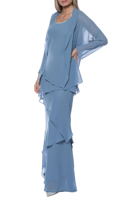 Marina  Tiered Solid Chiffon Dress with Matching Jacket Set Zippered Jacket Buttoned Jacket Snapped Jacket