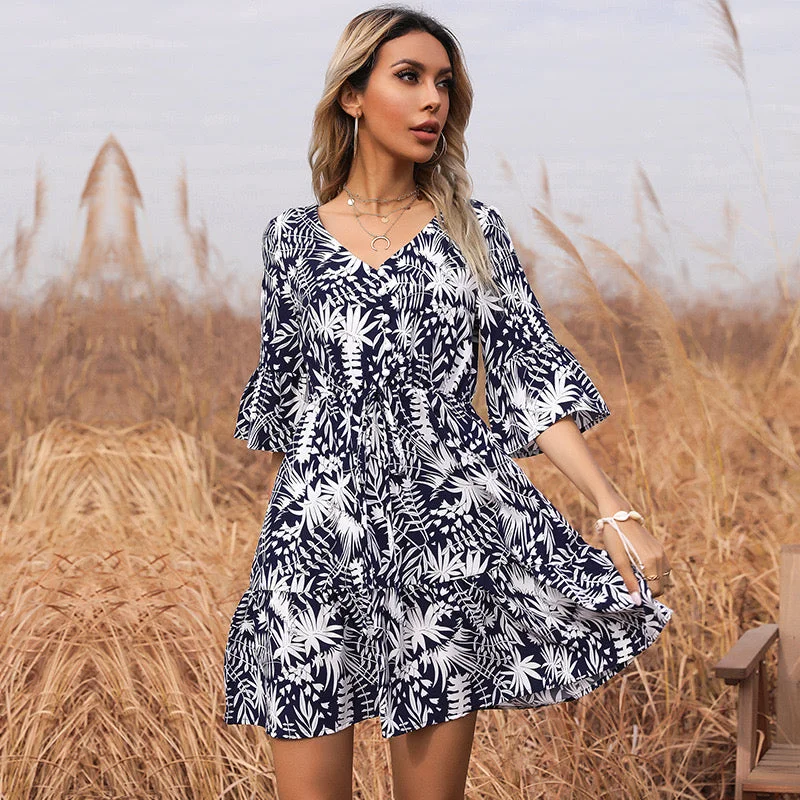 Elastic Waist Knee Length Mini Floral Dress