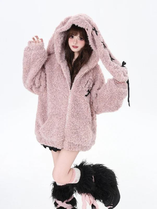 Rabbit Ears Loose Lamb Velvet Hooded Warm Zip Jacket CRA0088 Chenille Jacket Brocade Jacket Lace Jacket