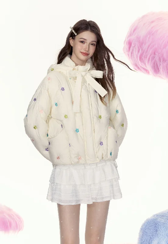 Flowers Light Warm Versatile Casual Short Down Jacket AYF0058 Faux Fur Fabric Real Fur Fabric Shearling Fabric