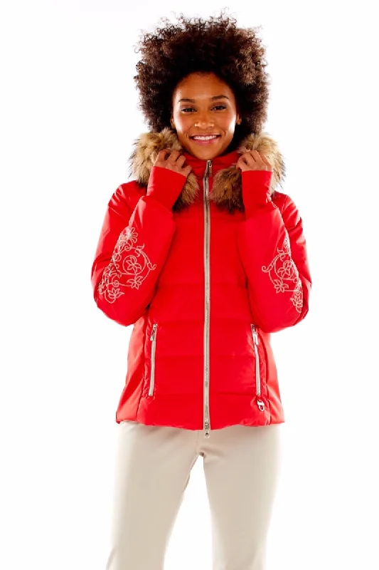 M. Miller Women's Keirsten Stretch Down Jacket with Winter Fur Trim in Red ON SALE V-Neck Jacket Boat Neck Jacket Square Neck Jacket