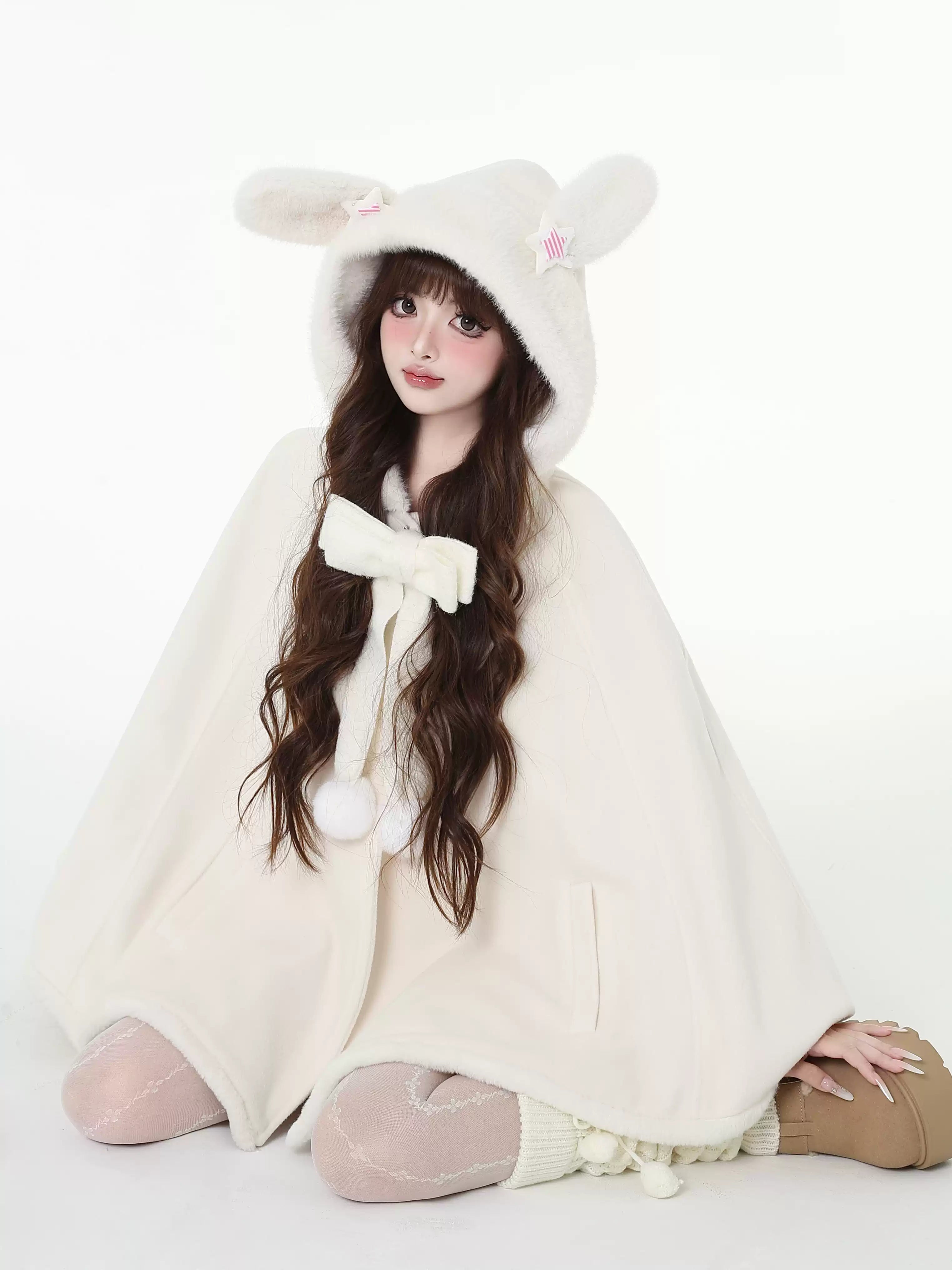 Big Ribbon Cloak Jacket with Rabbit Ear Hood CRA0100 Rayon Fabric Velvet Fabric Corduroy Fabric