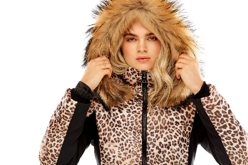 M. Miller Holly Soft Shell Down Jacket with Natural Finn Leopard Microtech Made in the USA Snapped Jacket Toggled Jacket Drawstring Jacket