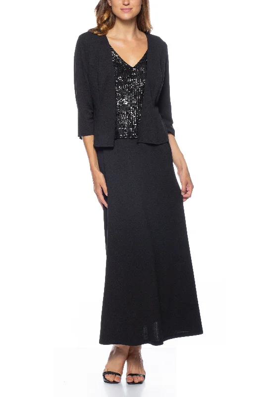Marina Long V Neck Sequined Dress Jacket Set Tailored Jacket Straight Jacket A-Line Jacket