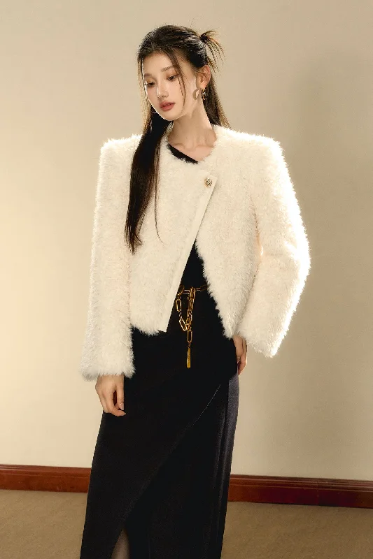 Eco-friendly Fur Asymmetrical Warm Iimitation Lambswool Short Jacket OSH0095 A-Line Jacket Boat Neck Shawl Collar