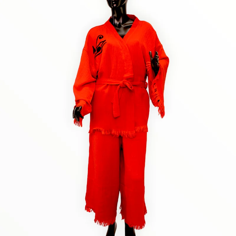 Natural Cotton Kimono Jacket Pants Set Trench Coat Raincoat Waterproof Jacket