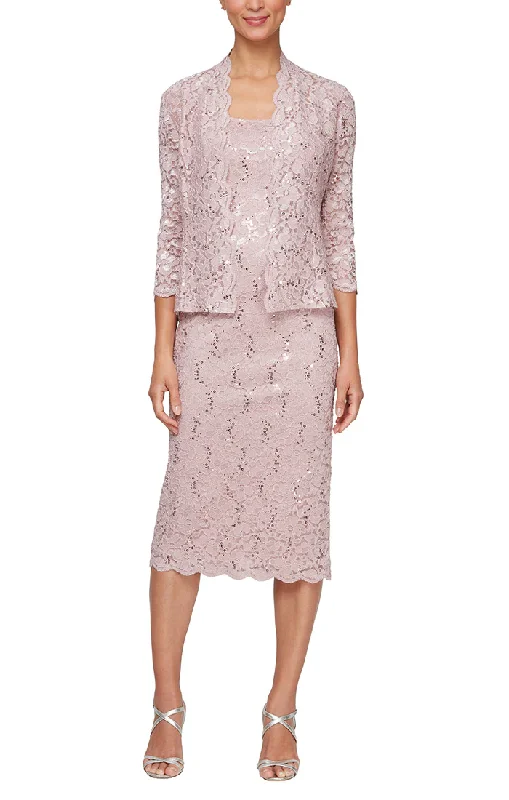 SL Fashions 9213104 Petite Lace Jacket Short Dress Zip Front Button Front Snap Front
