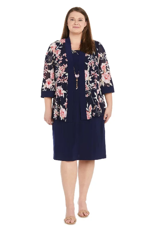 R&M Richards 1759W Plus Size Short Printed Jacket Dress Boat Neck Shawl Collar Notched Collar