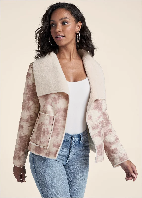 Faux-Suede Tie-Dye Jacket - White & Pink Notch Collar Peter Pan Collar Cowl Neck