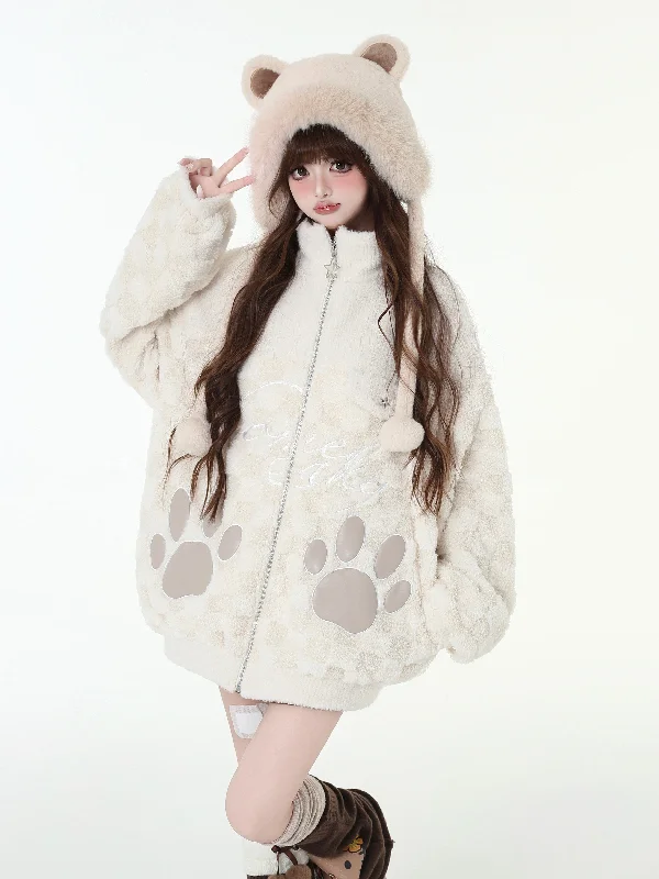 Paw Ball Design Stand Collar Loose Zip Jacket CRA0096 Fleece Jacket Down Jacket Parka