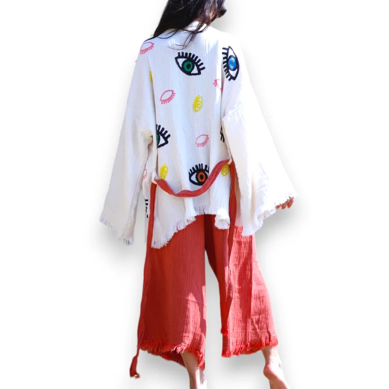 Evil Eye Natural Cotton Kimono Jacket Pants Set Collared Jacket Crew Neck Jacket Turtle Neck Jacket