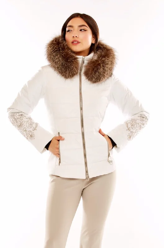 M. Miller Women's Keirsten White Stretch Paneled down Jacket W/ Fur Trim One-Shoulder Jacket Off-the-Shoulder Jacket Asymmetrical Jacket