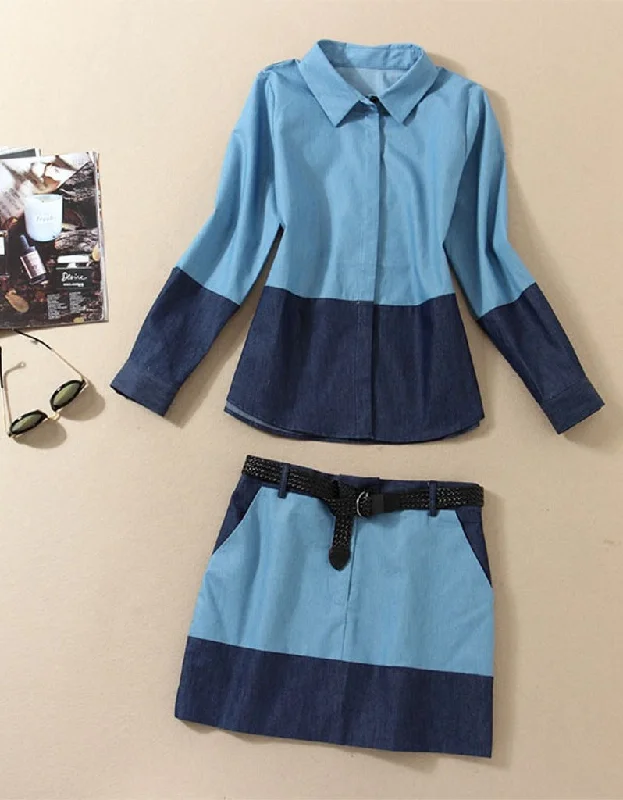 Colour block long sleeve top and short skirt leather skirt bold