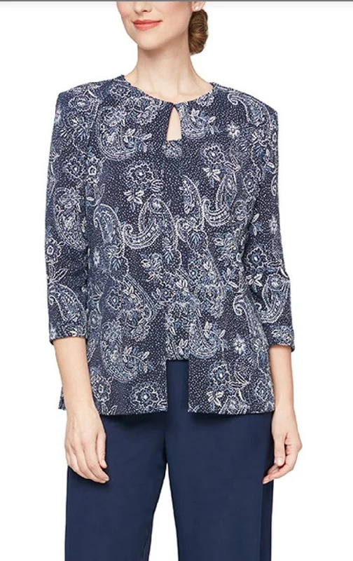 Alex Evenings 8327770 Printed Metallic 3/4 Sleeve Knit Twinset Jacket Tiered Jacket Buttoned Jacket Zippered Jacket