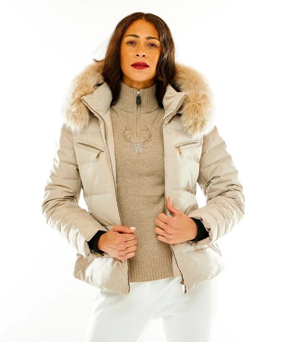 M. Miller Women's Down Winter Ski Jacket with Fur Hood Edlin SK2881 in Beige Made in USA Front Pockets Side Pockets Patch Pockets
