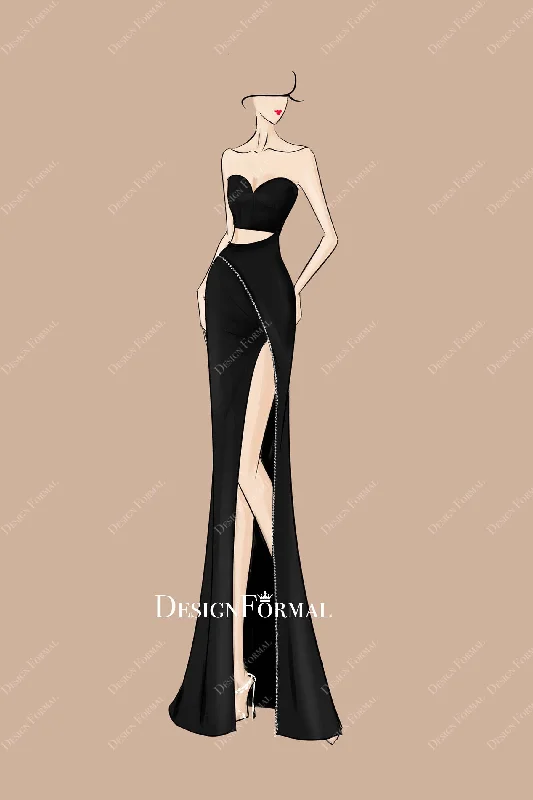 Black Strapless Sweetheart Neck Cutout Slit Maxi Prom Dress Sketch