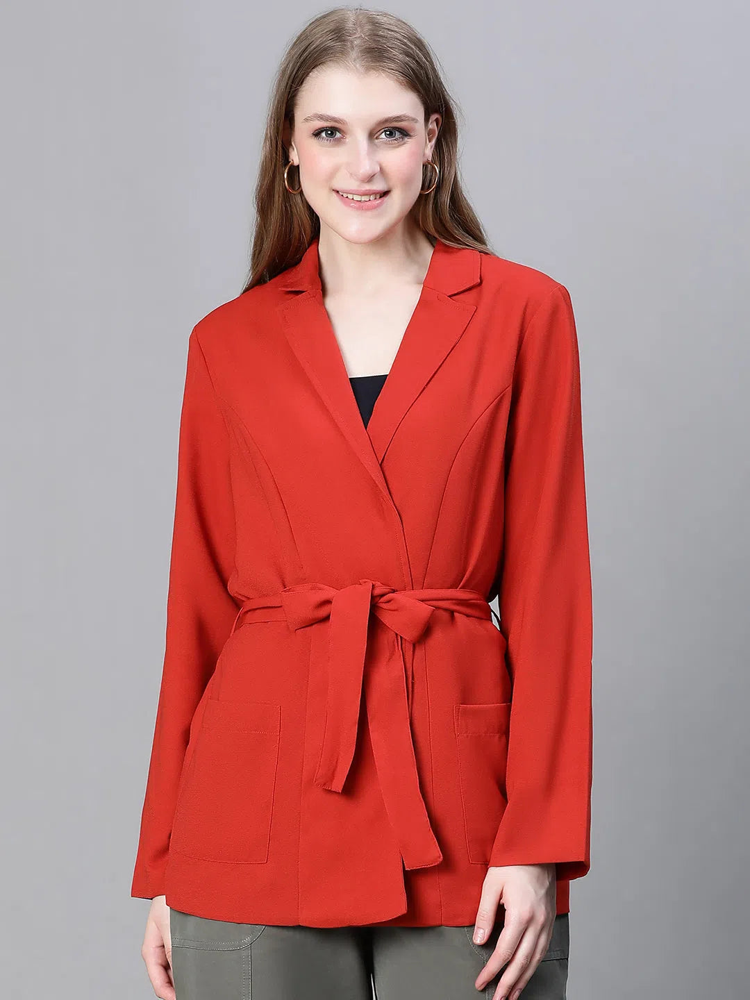 Women Rust Open Collar Belted Long Sleeve Blazer Jacket-W23257WBZ002 Mesh Jacket Canvas Jacket Denim Jacket