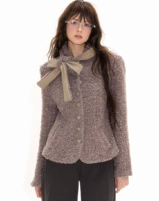 Lamb wool blend detachable ribbon neck waist slim jacket NEC0109 Chenille Fabric Brocade Fabric Lace Fabric