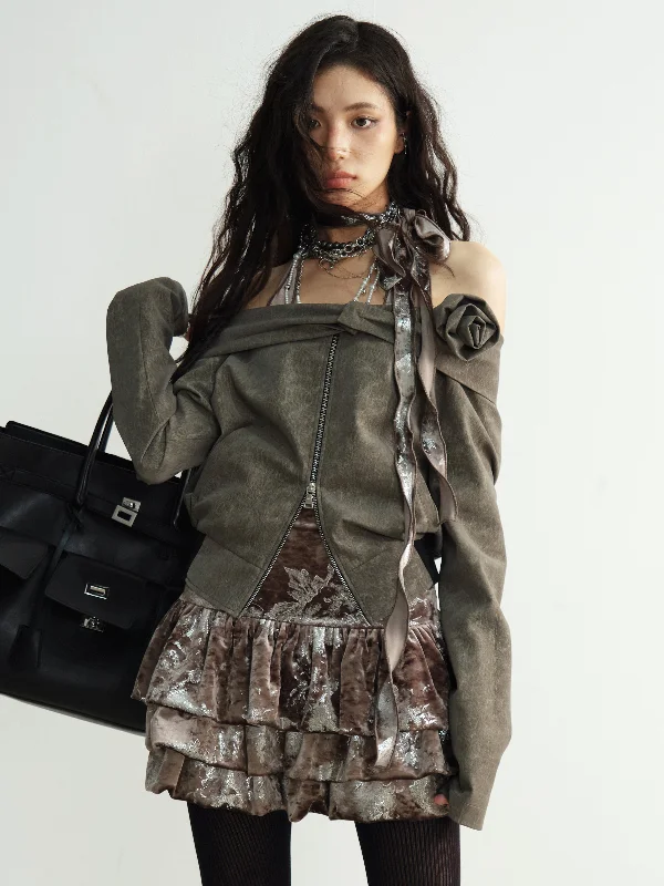 Retro Coffee-colored Flower Decoration One-shoulder Short Jacket JNY0184 Mesh Jacket Canvas Jacket Denim Jacket