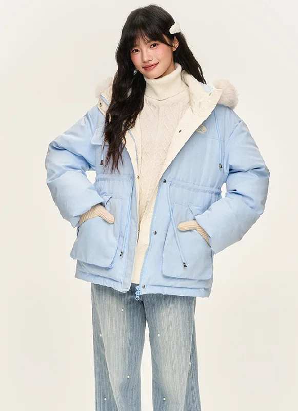 Big Fur Hood Waist Drawstring Warm Jacket NTO0157 Belted Jacket Elasticated Jacket Padded Jacket