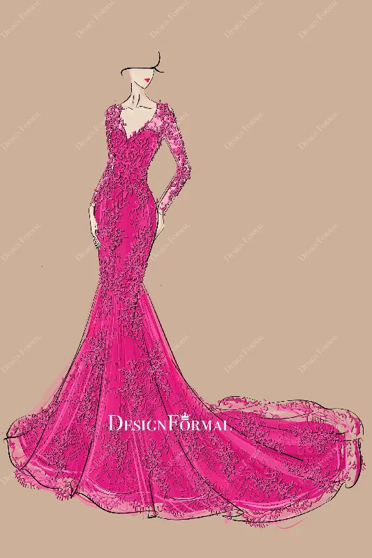 Orchid Lace Sheer Long Sleeve Mermaid Prom Dress Sketch