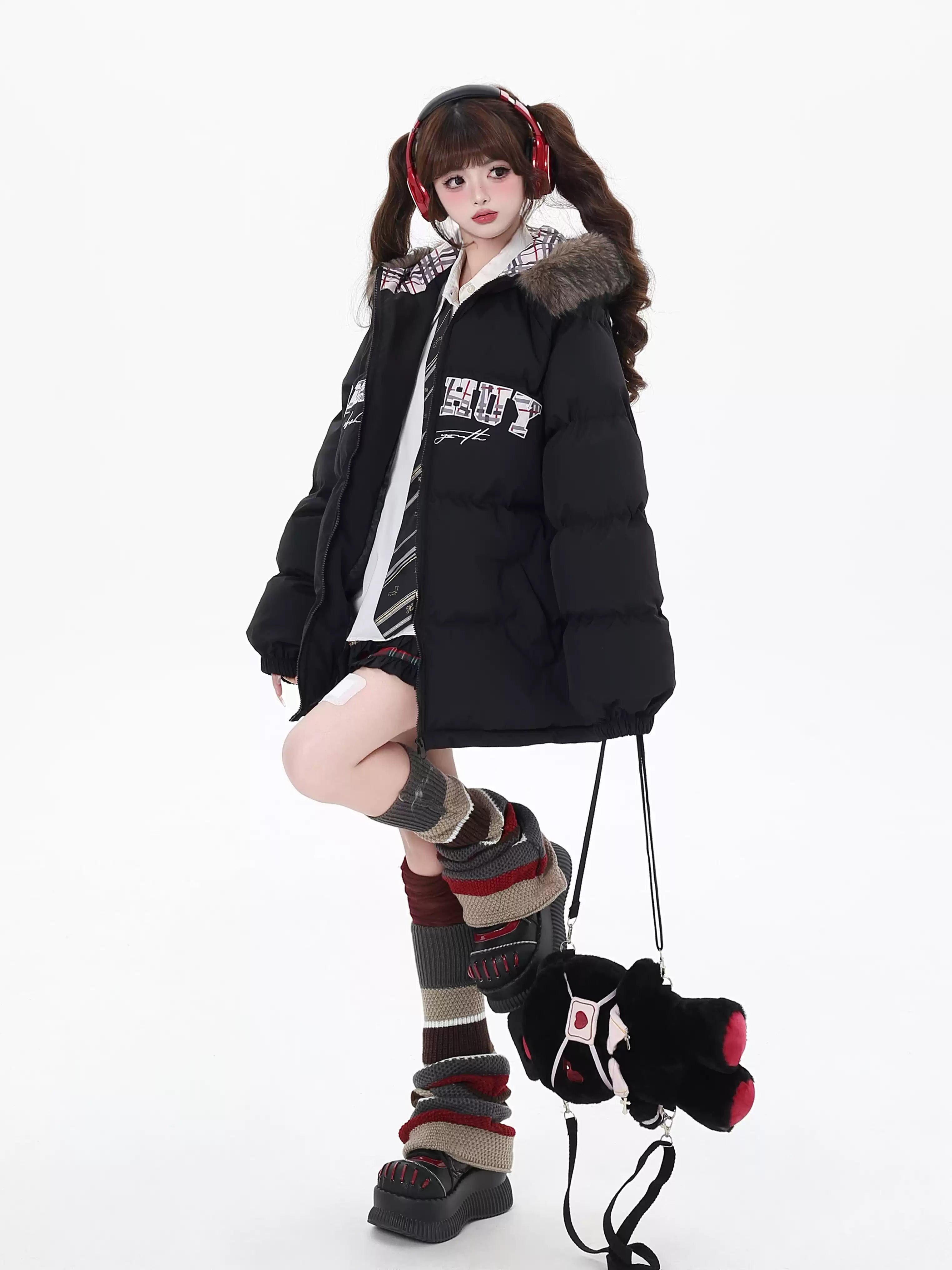 Letter Print Fur Hooded Loose Down Jacket CRA0085 Insulated Jacket Fitted Jacket Loose Jacket