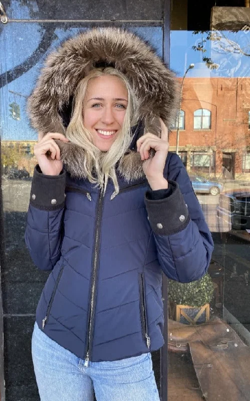 M. Miller Christina Navy Quilted Jacket With Natural Finn Racoon Tailored Jacket Straight Jacket A-Line Jacket
