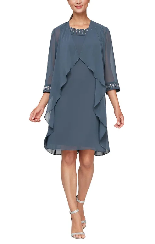 SL Fashions 9170668 Elongated Jacket Short Cocktail Dress Denim Fabric Leather Fabric Suede Fabric