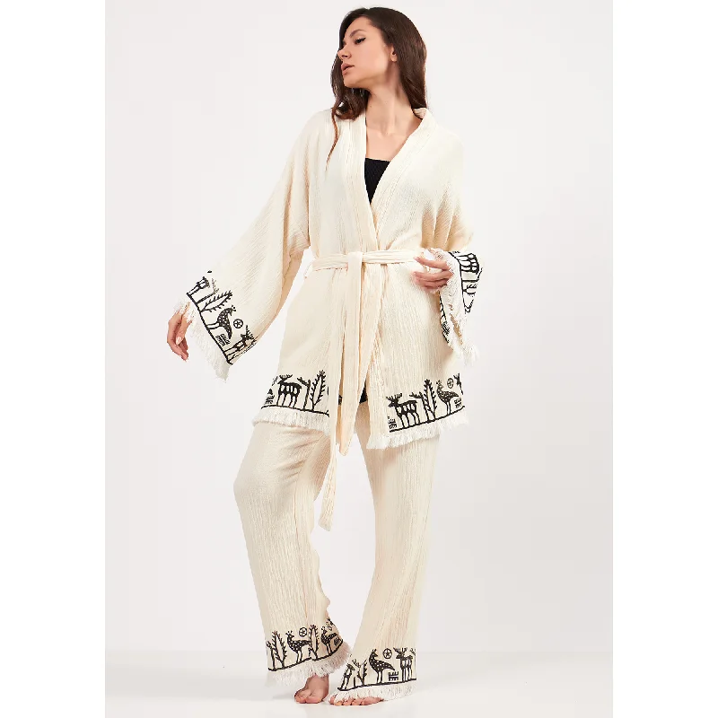 Natural Cotton Kimono Jacket Pants Set Welt Pockets Slit Pockets Flap Pockets