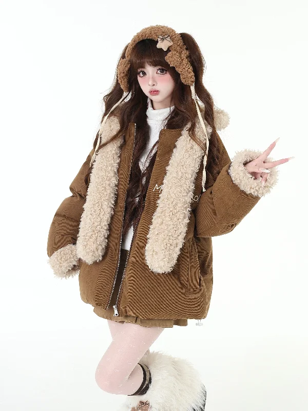 American Retro Sweet Corduroy Long Boa Hooded Thick Jacket CRA0095 Trench Coat Raincoat Waterproof Jacket