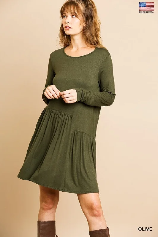 Umgee Boutique Long Sleeve Round Neck Dress with Asymmetrical Ruffle Front Detail