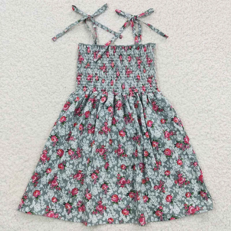 GSD0378 Rose Red Floral Green Elastic Dress