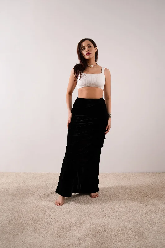 Black Velvet Tiered Maxi Skirt / Size 8 cashmere skirt soft