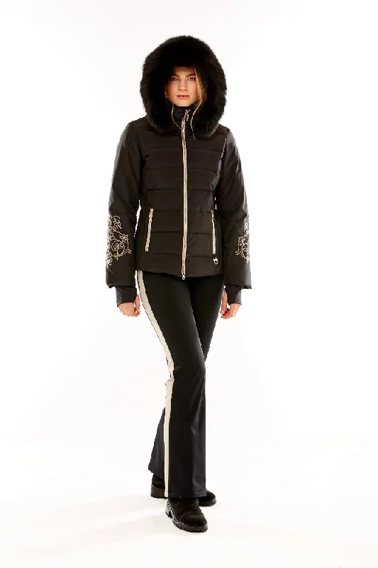 M. Miller Women's Keirsten Black Stretch Paneled down Jacket W/ Black Fox Trim Notch Collar Jacket Peter Pan Collar Jacket Cowl Neck Jacket