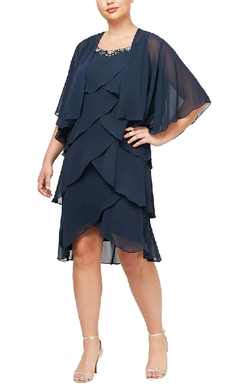 SL Fashions 612296 Plus Size Tiered Short Jacket Dress Welt Pockets Slit Pockets Flap Pockets