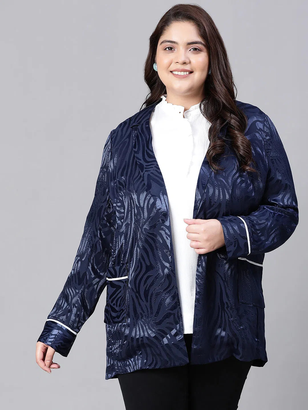 Bright Dark Blue Open-Regular Collar Floral Print Plus Size Blazer Jacket-W23277PBZ001 Corduroy Jacket Velvet Jacket Brocade Jacket
