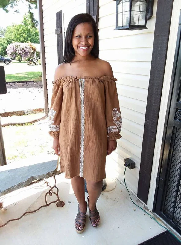 Umgee Tunic Women Bold Off Shoulder Tan Embroidery Tassel Tie Dress