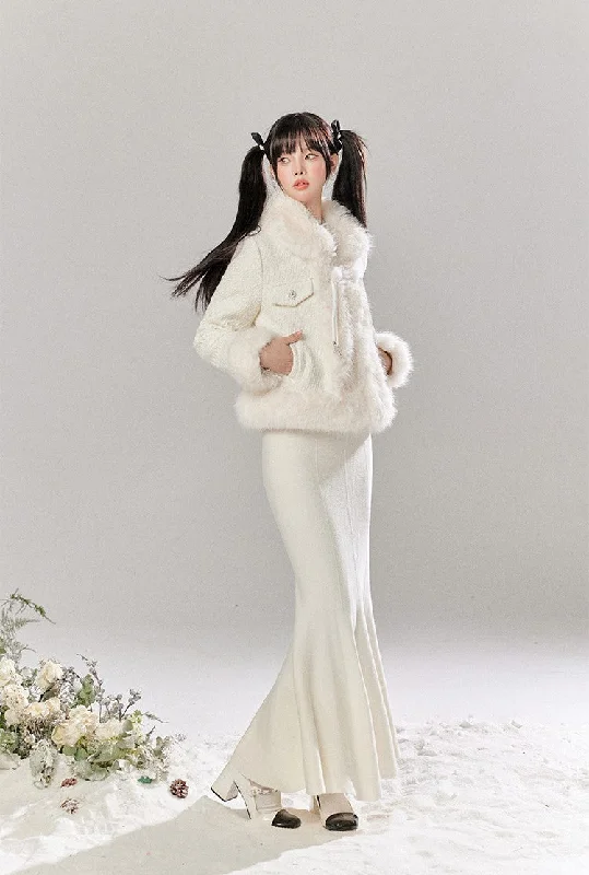 White Luxurious Style Cotton Jacket/Fishtail Skirt TBI0041 Boat Neck Shawl Collar Notched Collar