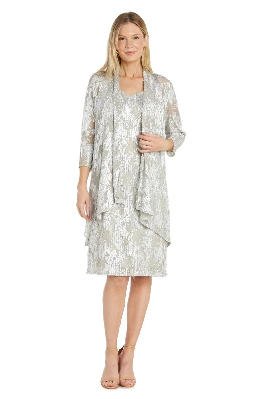 R&M Richards 1180P Short Petite Metallic Printed Jacket Dress Zippered Front Buttoned Front Snap Front