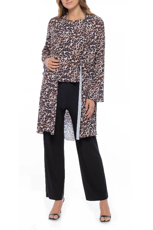 Marina Animal Print Top Jacket Elastic Waist Pant Set Stand-Up Collar Roll-Neck Collar Turtle Neck