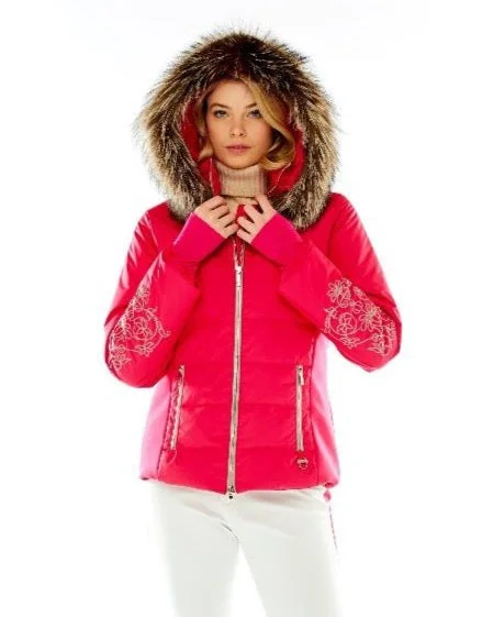 M. Miller Women's Keirsten Fuchsia Stretch Paneled Down Jacket W/ Fur Trim Hooded Jacket Caped Jacket Shawl Collar Jacket