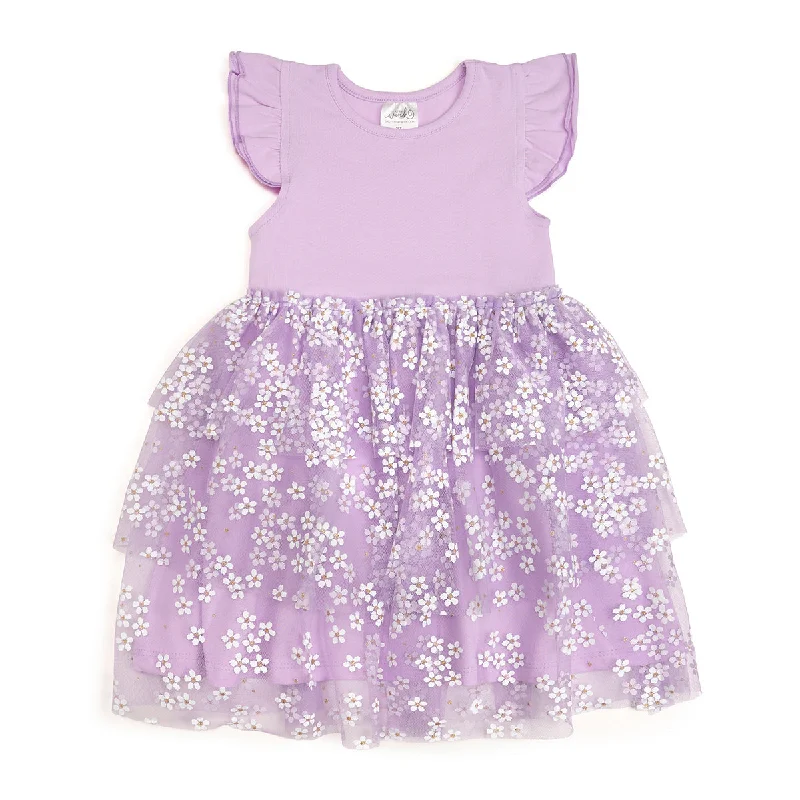 Lavender Ditsy Daisy Easter Tiered Short Sleeve Tutu Dress
