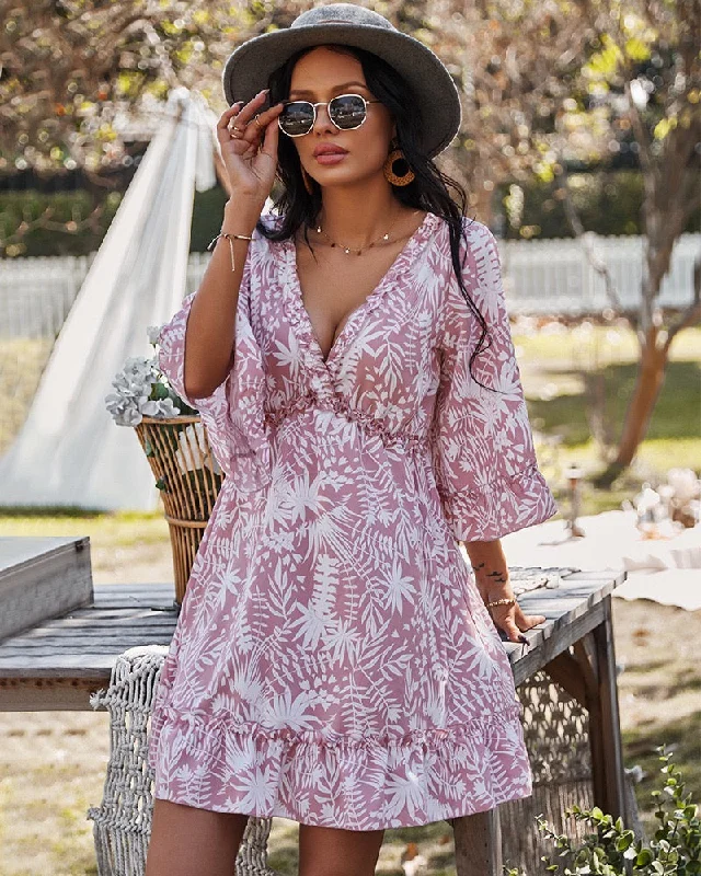 Elastic Waist Knee Length Mini Floral Dress