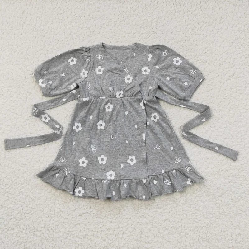 GSD0447 Floral Gray Knitted Tie Short Sleeve Lace Dress