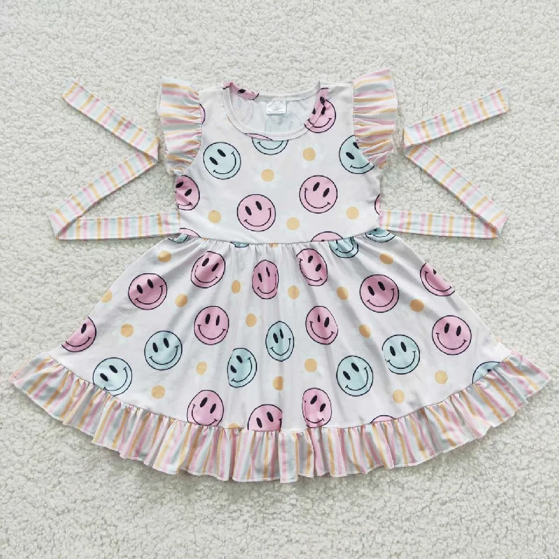 GSD0407 Smiley Flower Stripe Belt Flying Sleeve Dress