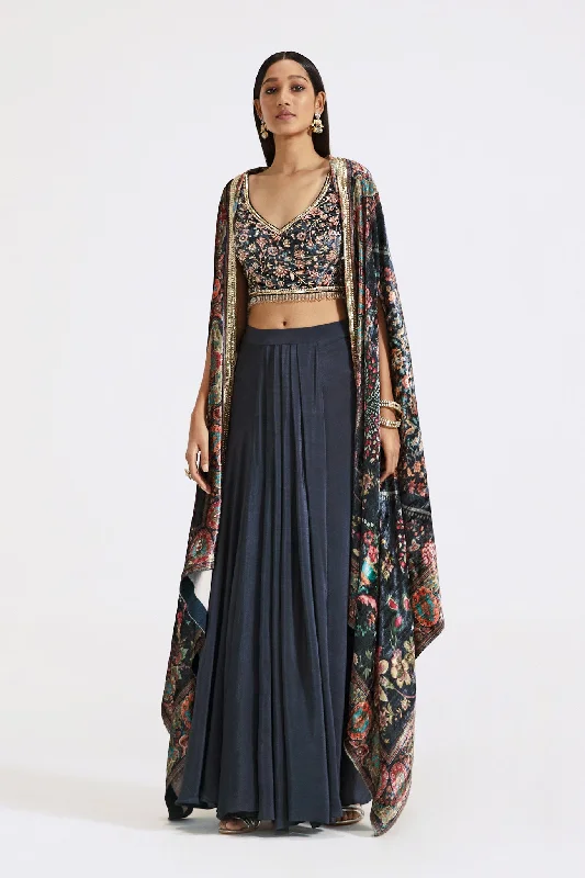 30Z368-RO Grey Embroidered Skirt Set with Multicolor Velvet Cape velvet skirt glossy 30Z368-RO Grey Embroidered Skirt Set with Multicolor Velvet Cape velvet skirt glossy