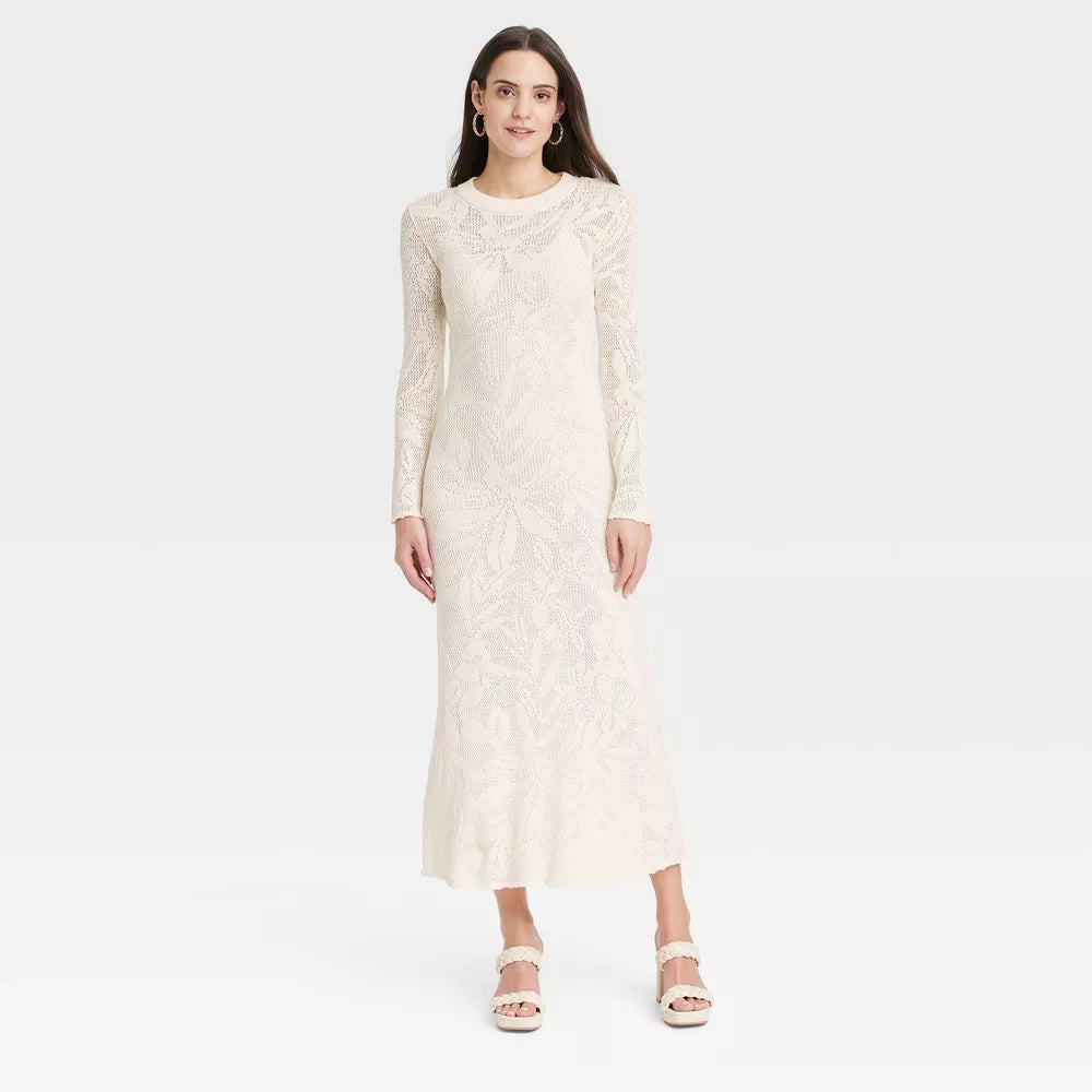 New Women's Plus size Long Sleeve Maxi Pointelle Dress Cream - A New Day